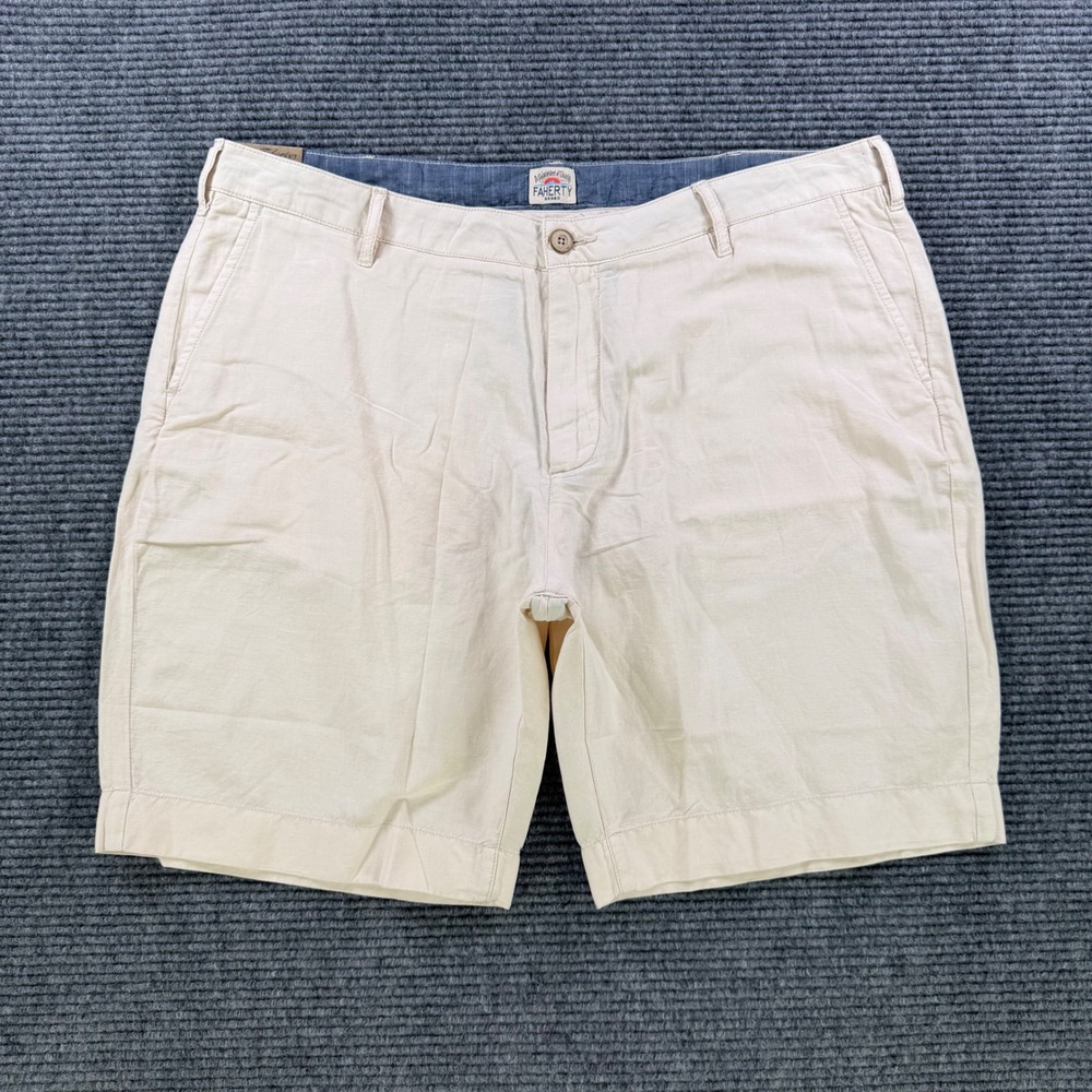 NEW Faherty Brand Flat Front Shorts Mens‎ 38 Cream Linen Blend Casual 9.5 Inseam